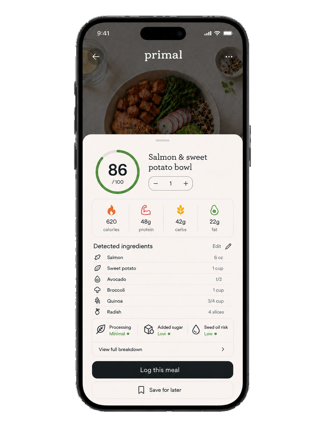 Primal analysis showing a Primal Score of 86 out of 100, calories, macros, and detected ingredients.