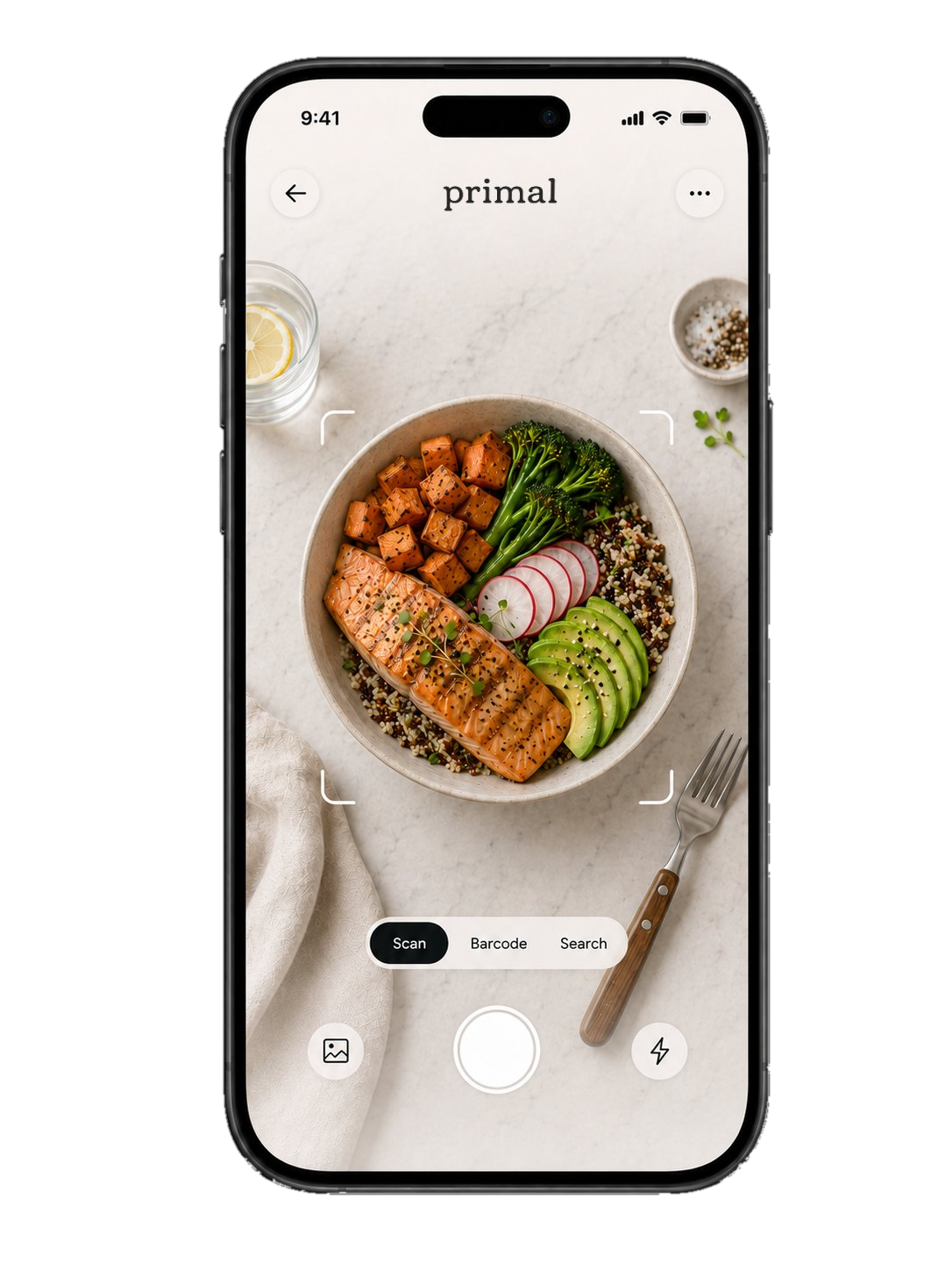 The Primal camera scanning a salmon and grain bowl.